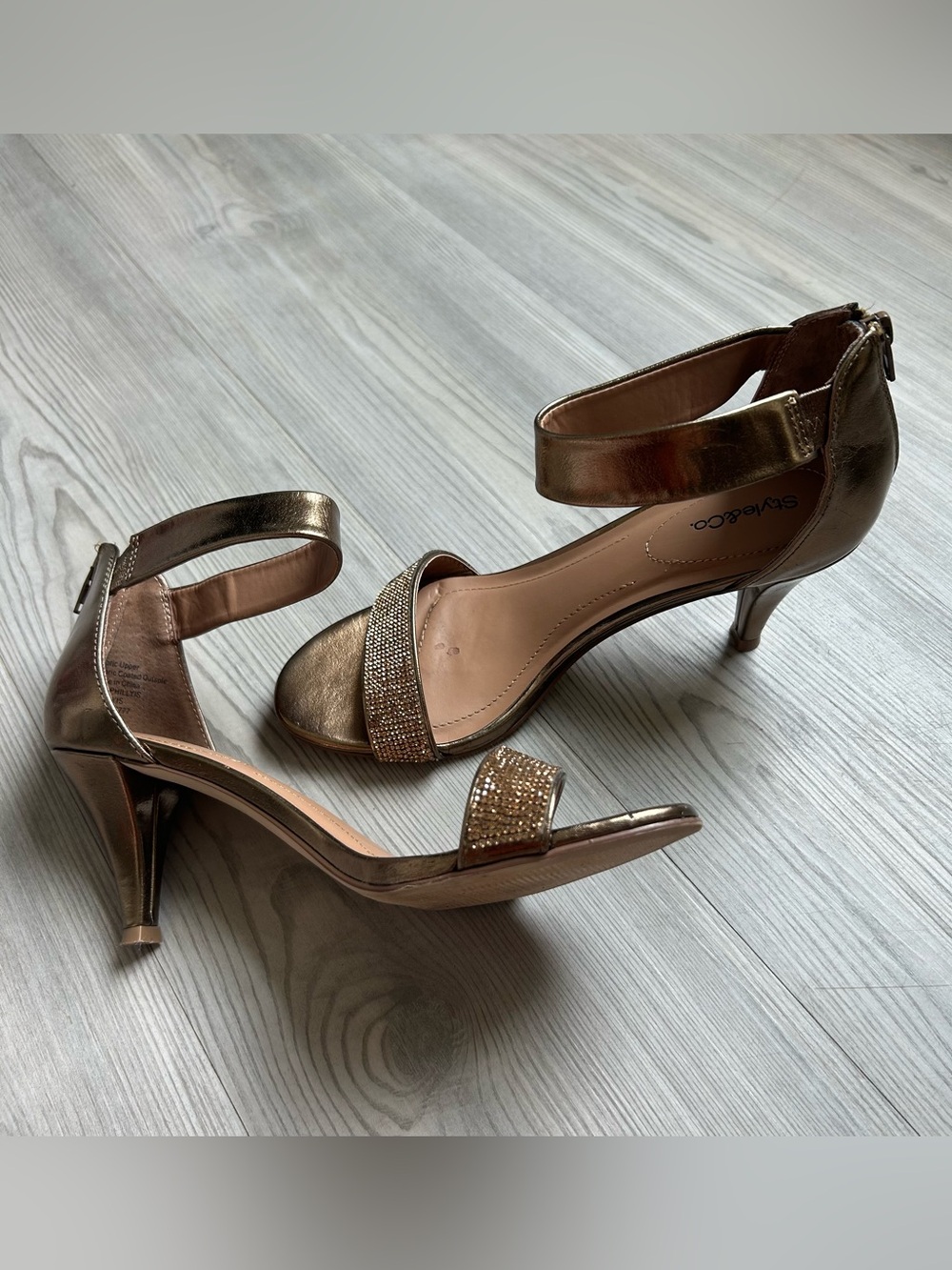 Style & Co. Bronze Metallic Ankle-Strap Heels with Rhinestone Toe Band